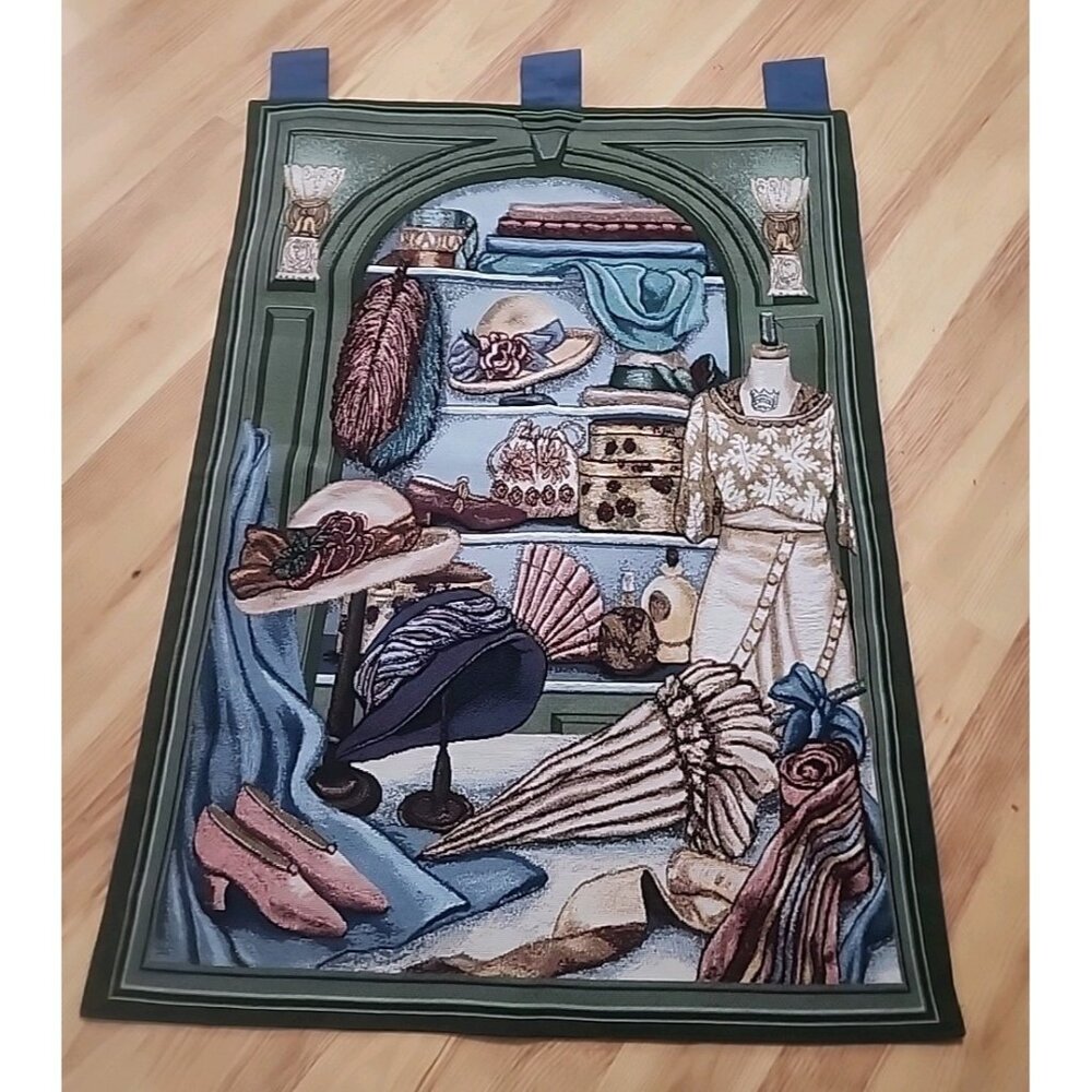 Milliner's Shop Sewing Theme Woven Tapestry 26X36 Wall Hanging Decor Victorian